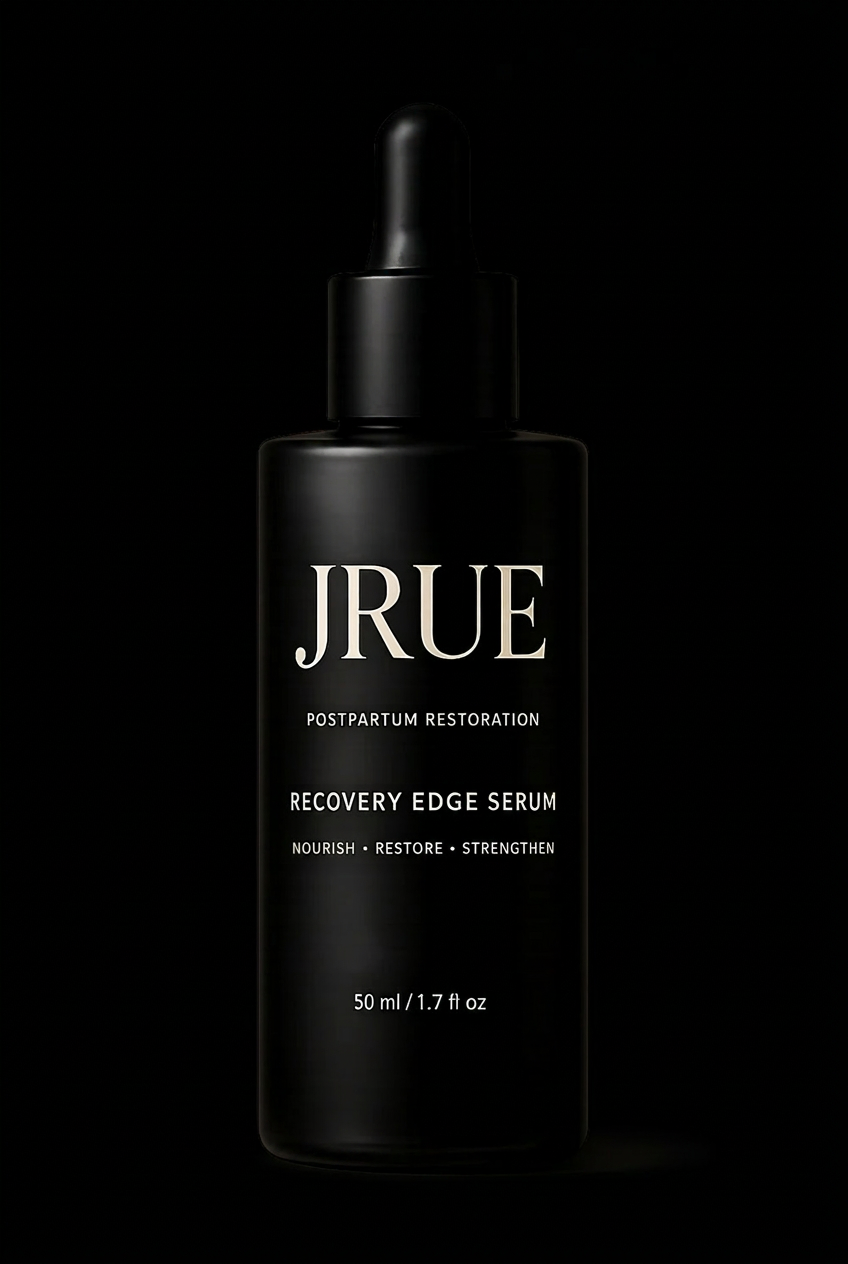 JRUE Postpartum Recovery Edge Serum in a matte black bottle