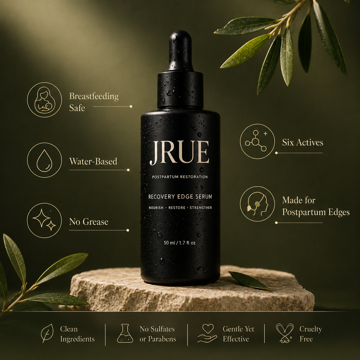 JRUE serum bottle with feature callouts