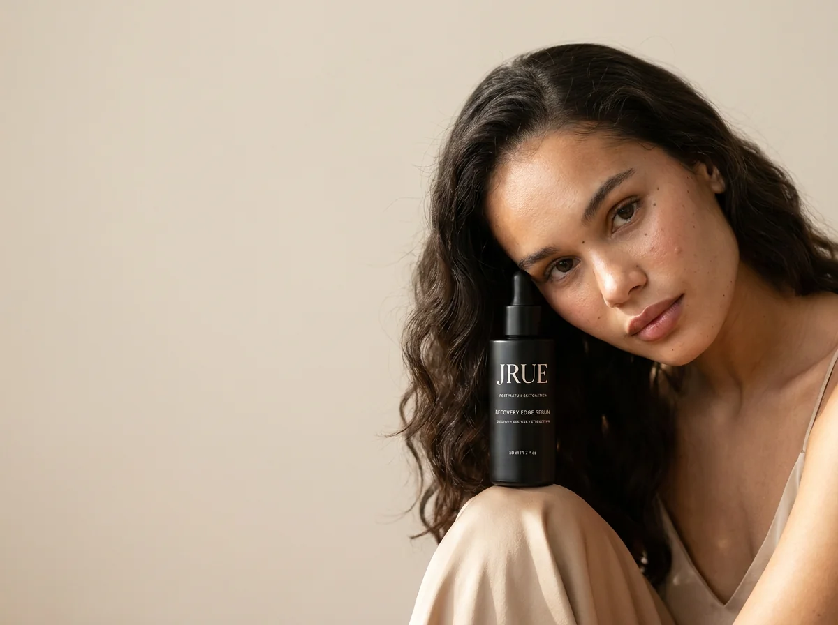 Mother holding the JRUE Recovery Edge Serum